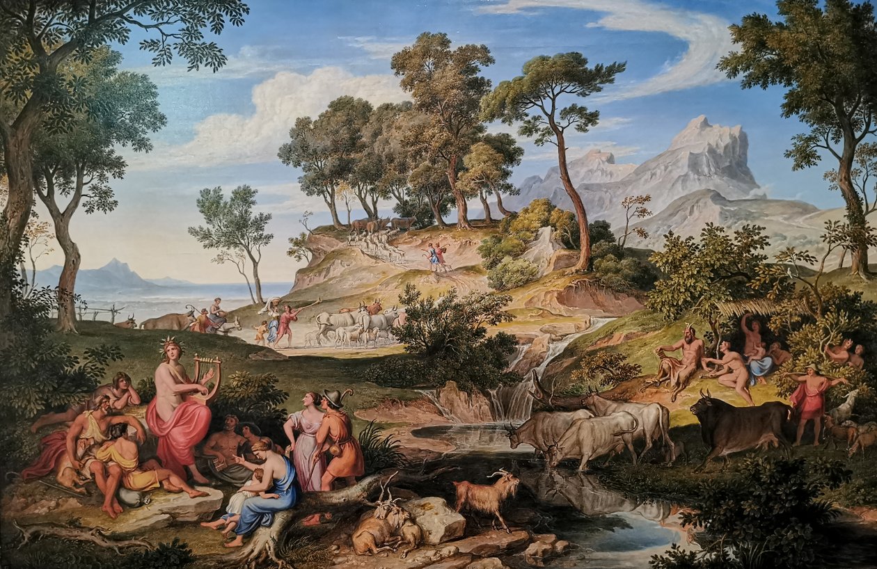 Německy: Apollo unter den Hirten Apollo mezi pastýři
 Apollo mezi pastýři
 Francouzsky:  Apollon parmi les bergers Apollo mezi pastýři od Joseph Anton Koch