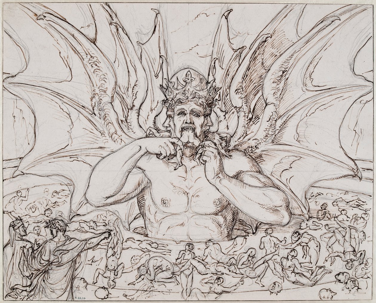 Lucifer v centru pekla. Ilustrace k Božské komedii od Dante Alighieri, cca 1803. od Joseph Anton Koch