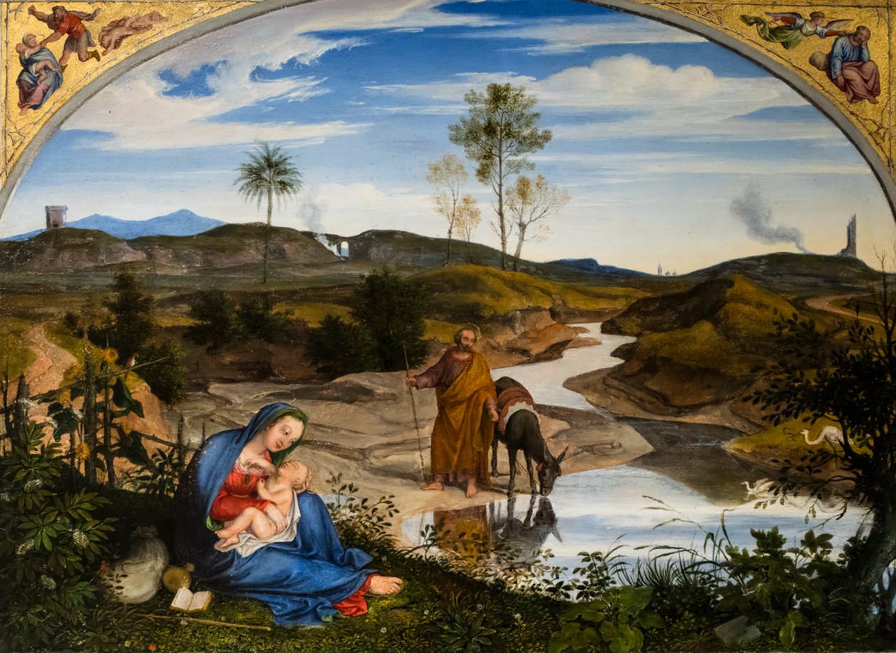 Repos pendant le fuite en Egypt, asi 1820-1825 (Olej na dřevě (ořech)) od Joseph Anton Koch