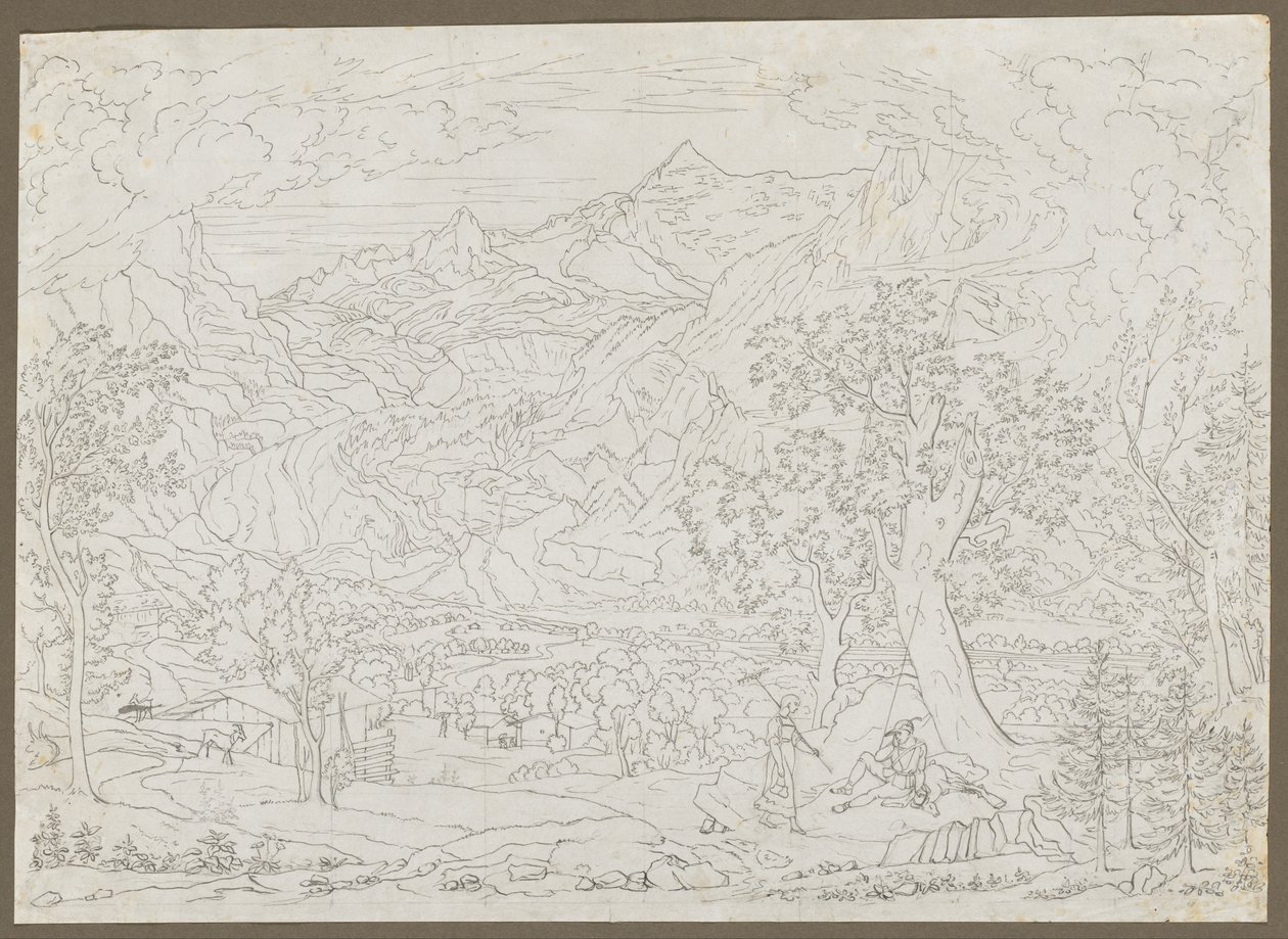 Grindelwaldský ledovec s lovcem a selskou dívkou v popředí, ca. 1823. od Joseph Anton Koch