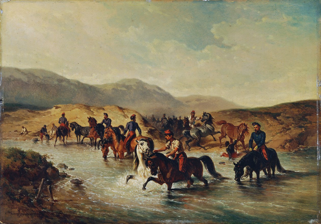 Francouzská kavalérie v koňském rybníku od Joseph Anton Strassgschwandtner