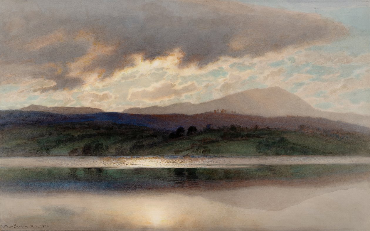 Západ slunce nad vodou Esthwaite (akvarel) od Joseph Arthur Palliser Severn