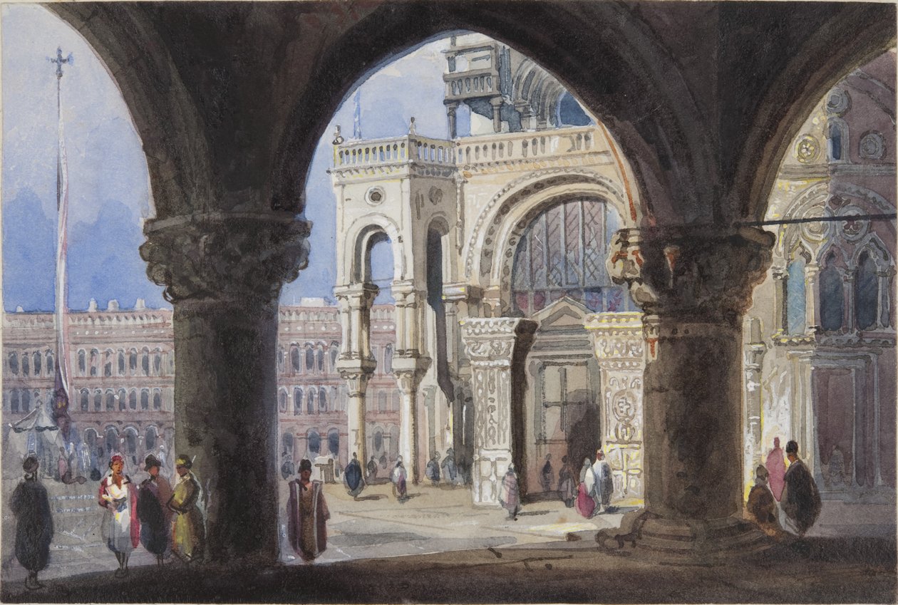 Kostel a náměstí Piazza San Marc v Benátkách, vloženo do Thomas Moodys Journal z turné po Švýcarsku a Itálii, 1822 (wc na papíře) od Joseph Axe Sleap