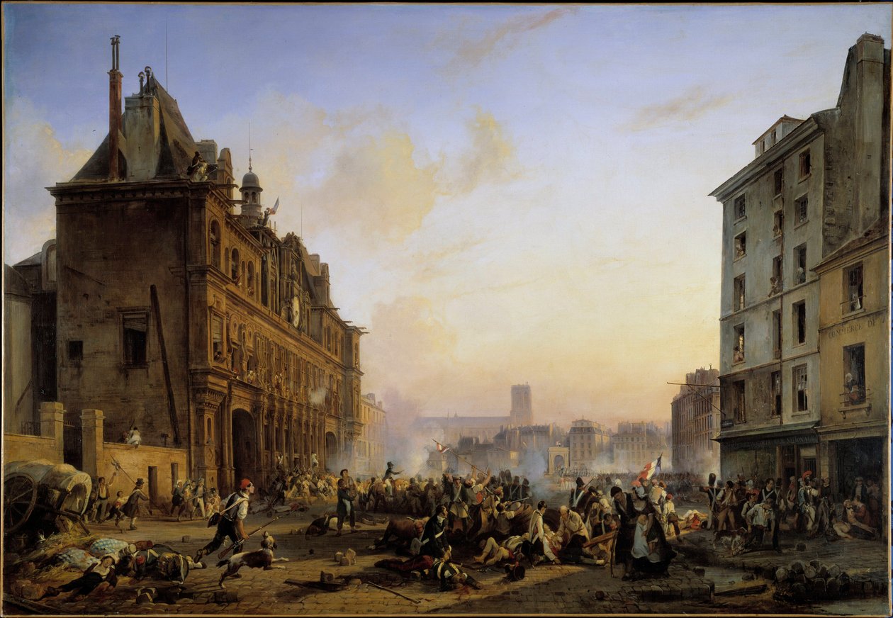 Les Trois Glorieuses (27., 28. a 29. července): „“Útok na pařížskou radnici dne 28. 7. 1830““ Obraz Joseph Beaume (1796-1885) 1831 Sun. 1,45x2,1m od Joseph Beaume