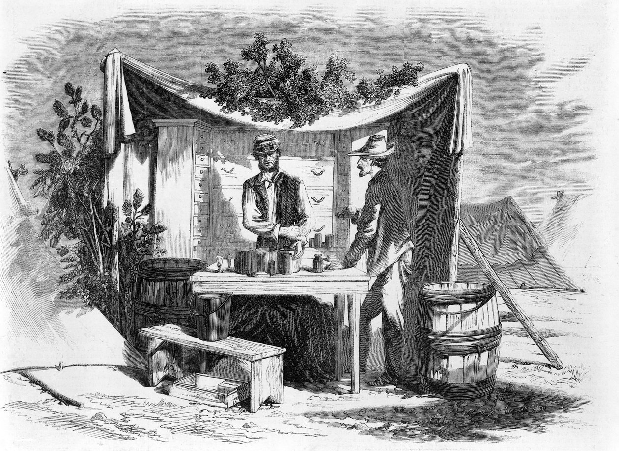 Camp Scenes - Army Drug Store - Hospital Steward, z náčrtu našeho speciálního umělce, Josepha Beckera, hospoda. 1864 od Joseph Becker