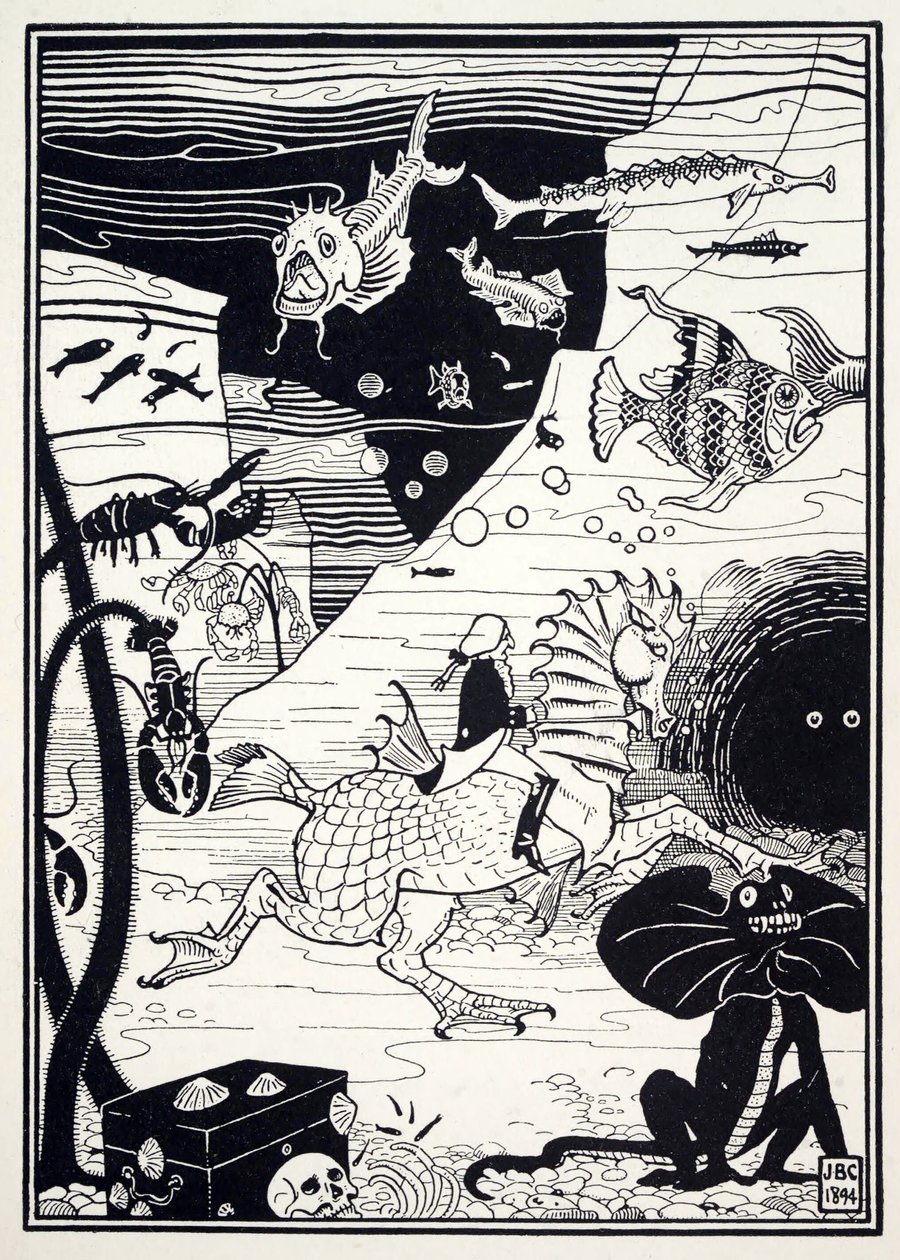 Z hospody The Surprising Adventures of Baron Munchausen byla celá řada vysokých ušlechtilých stromů, naložených mořským ovocem, jako jsou humři, krabi, ústřice. 1895 (rytina) od Joseph Benwell Clark