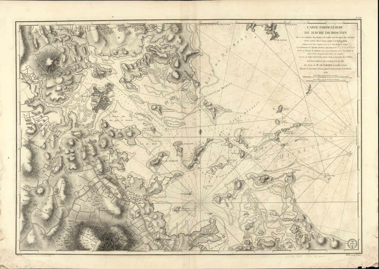 Konkrétní mapa přístavu v Bostonu, ukazující sondy, písčiny, skály, amaien a další směry užitečné při navigaci. od Joseph Bernard; Des Barres Chabert