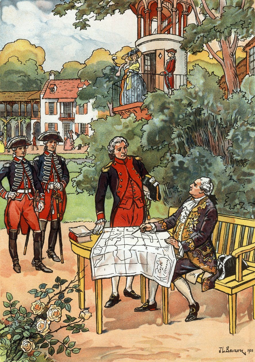 Francouzský král Ludvík XVI. a mořeplavec Jean Francois de Galaup, hrabě de Laperouse (1741-1788) v roce 1785, ilustrace JL Beuzon 1933 od Joseph Beuzon