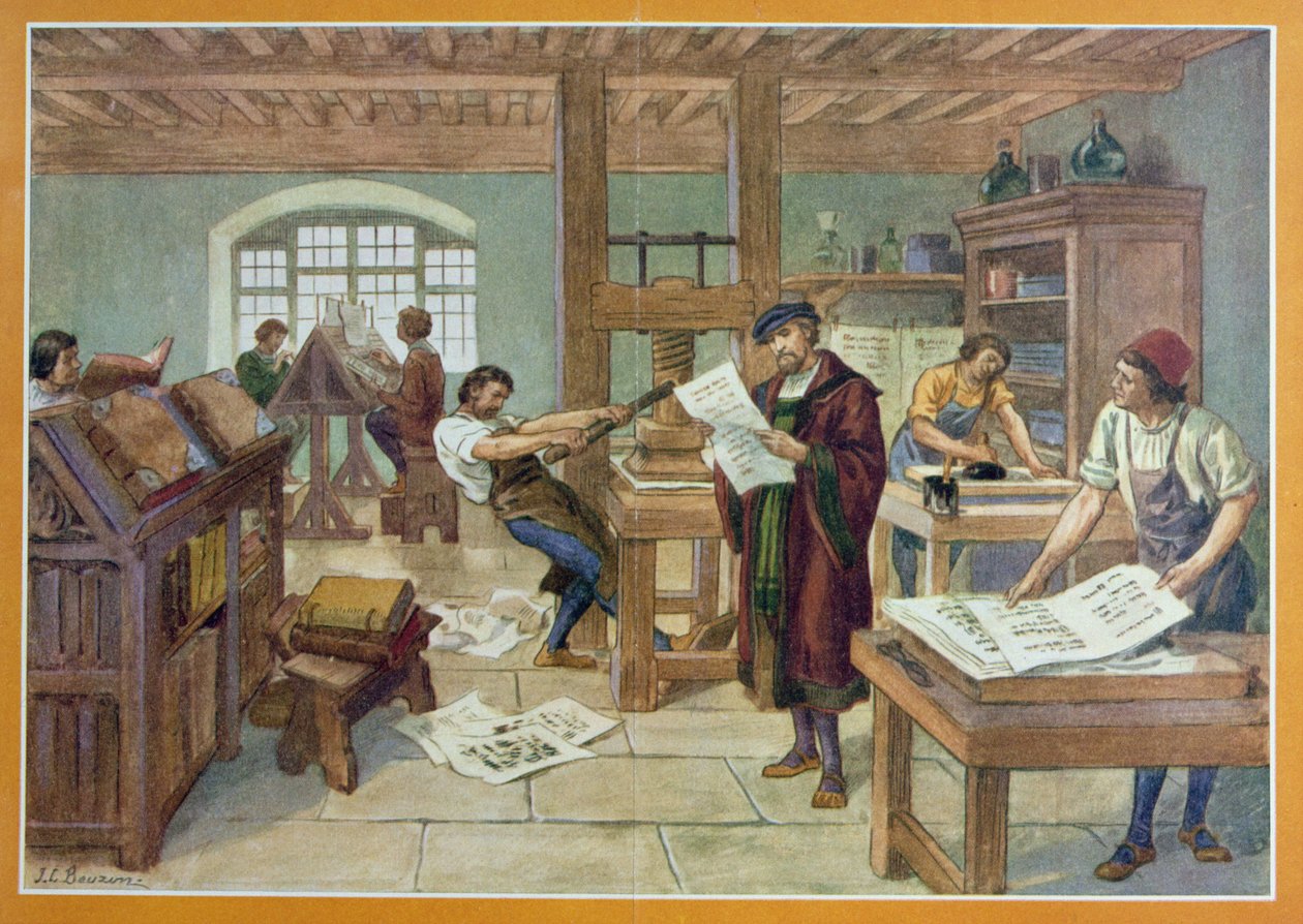 Gutenbergův vynález pohyblivého písma, ilustrace z „První knihy francouzské historie“ od A. Aymarda, nakladatelství Hachette od Joseph Beuzon