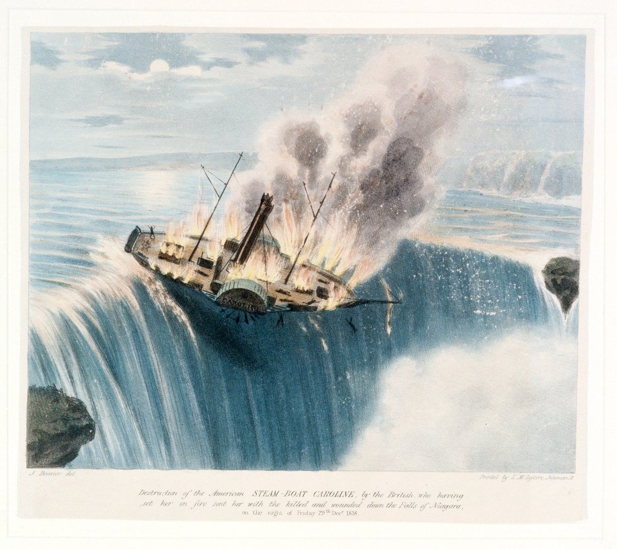 Zničení amerického parníku Caroline Brity, kteří jej zapálili a v noci na pátek 29. prosince poslali se zabitými a raněnými dolů z Niagarských vodopádů. 1838 od Joseph Bouvier