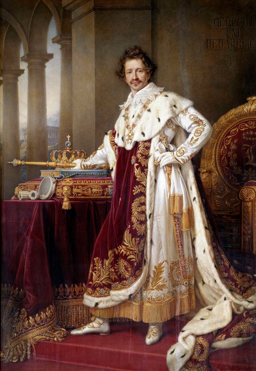 Portrait en pied de Louis I de Baviere (1786-1868) en kostým de corre Malba Josepha Karla Stielera (1781-1858) (ec.all.) 1826 Sun. 1,44x2,71 m Mnichov. Neue Pinakothek - Portrét Ludwiga I. Bavorského (1786-1868) v korunovačních šatech. Obraz od Jose od Joseph Carl Stieler