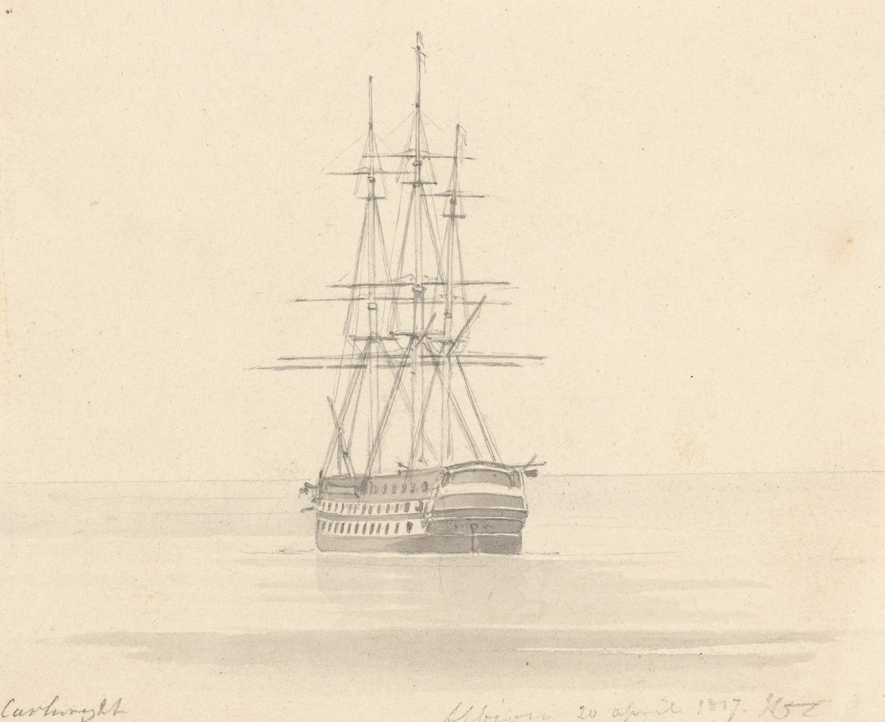 Jedna fregata, záď dopředu; Albion 20. dubna 1817 od Joseph Cartwright
