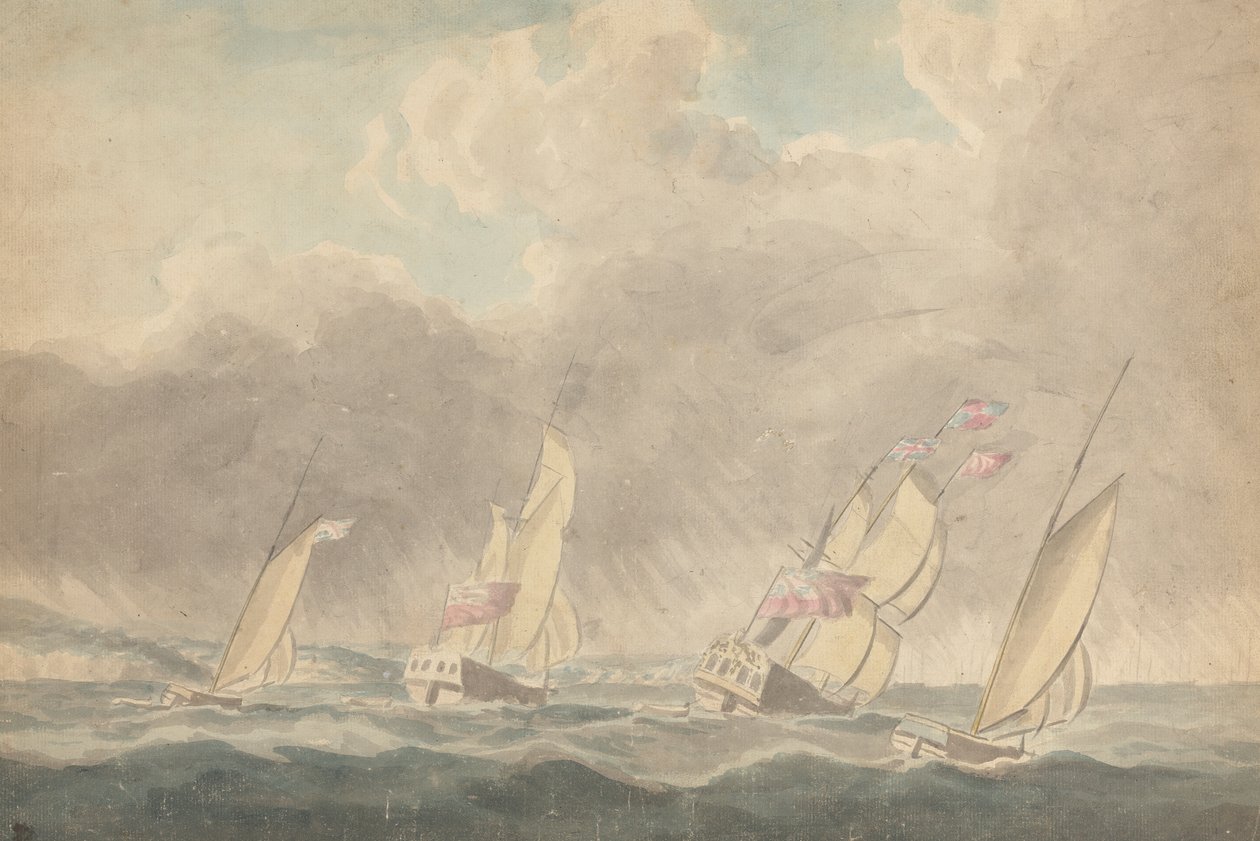 Two Sloops of War, One Barque and One Schooner (?), Sterns Forward, in Heavy Seas; Několik plachetnic v pozadí od Joseph Cartwright