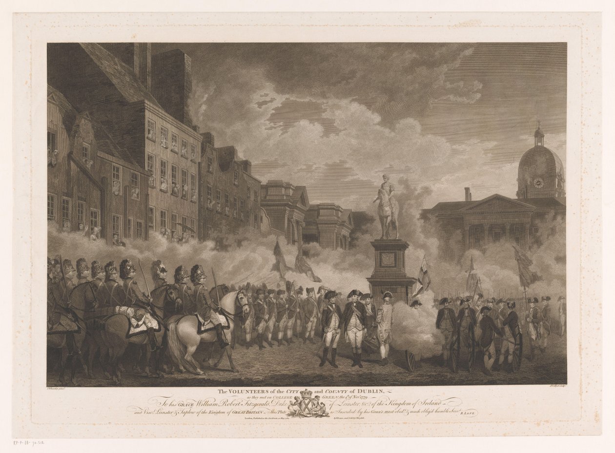Ontmoeting van soldaten op College Green do Dublinu Dobrovolníci města a hrabství Dublin (název na objektu) od Joseph Collyer