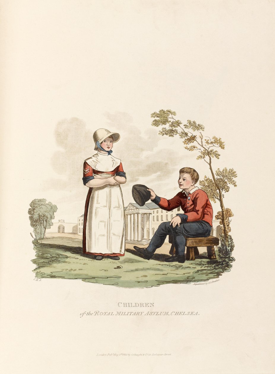 Děti královského vojenského azylu, Chelsea, 1813 (barevná akvatinta) od Joseph Constantine Stadler