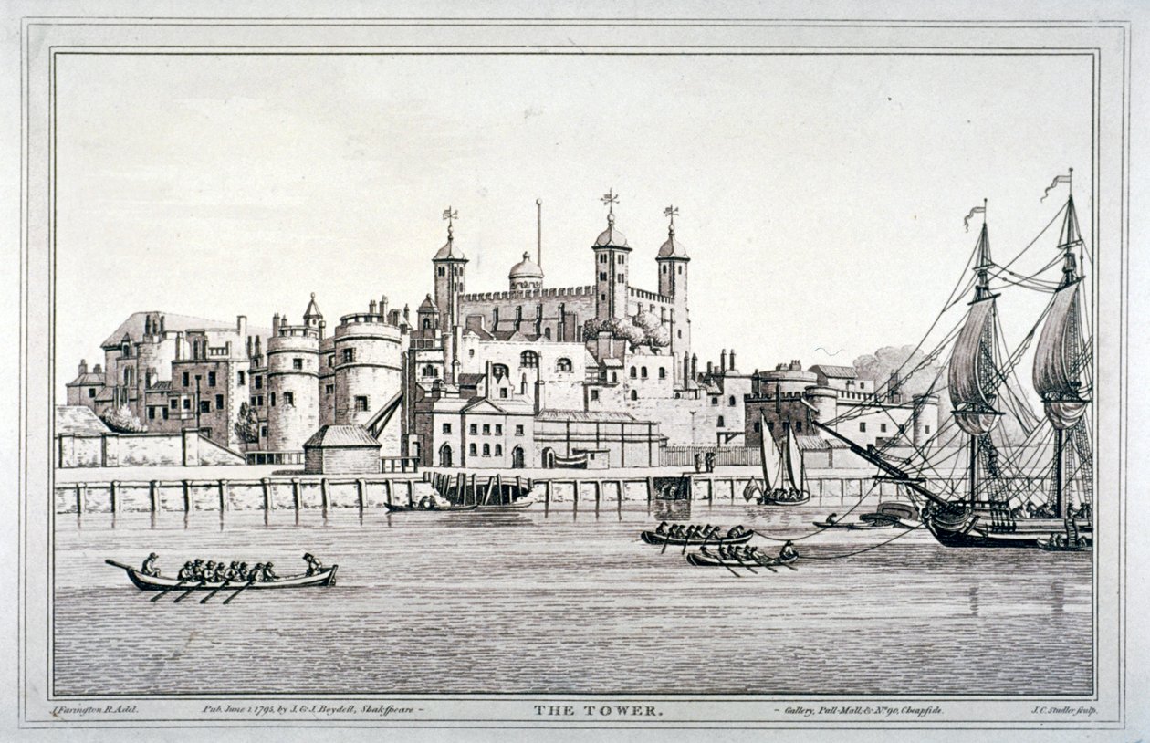 Jižní pohled na Tower of London s loděmi na řece Temži, 1795 od Joseph Constantine Stadler