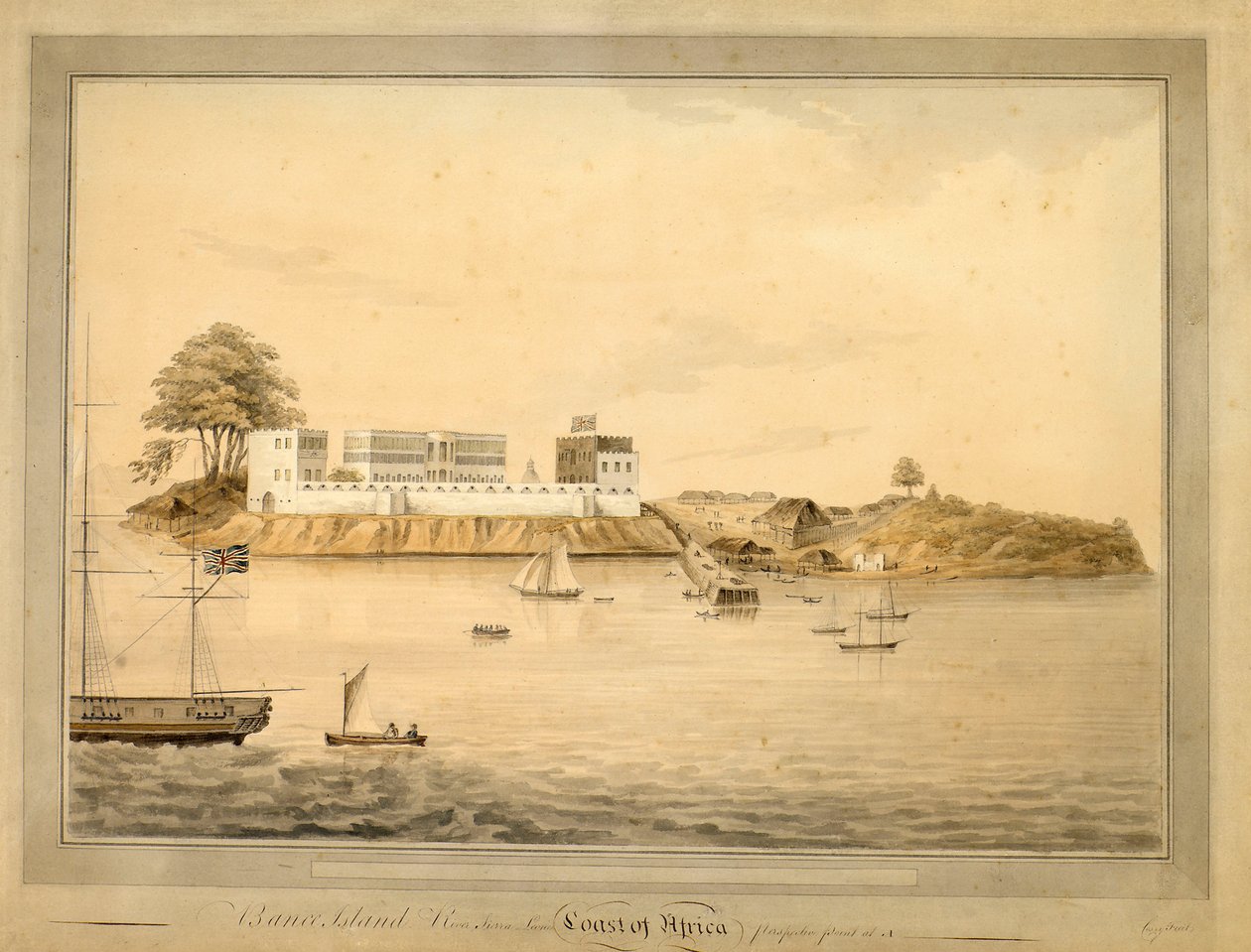 Pohled na ostrov Bance, Sierra Leone, Afrika, asi 1805 (akvarel) od Joseph Corry
