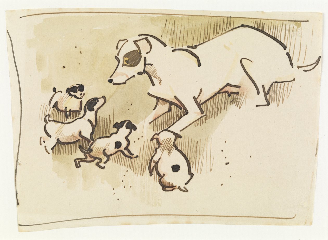 Foxteriér a štěňata (pero a mytí na papíře) od Joseph Crawhall