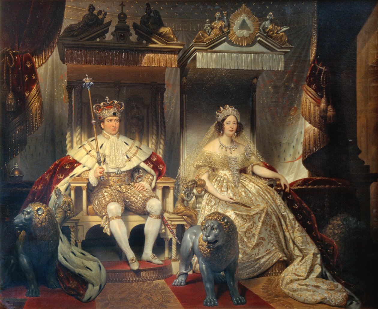 Christian VIII (1786-1848) a královna Caroline Amalie (1796-1881) v korunovačních róbách od Joseph Desire Court