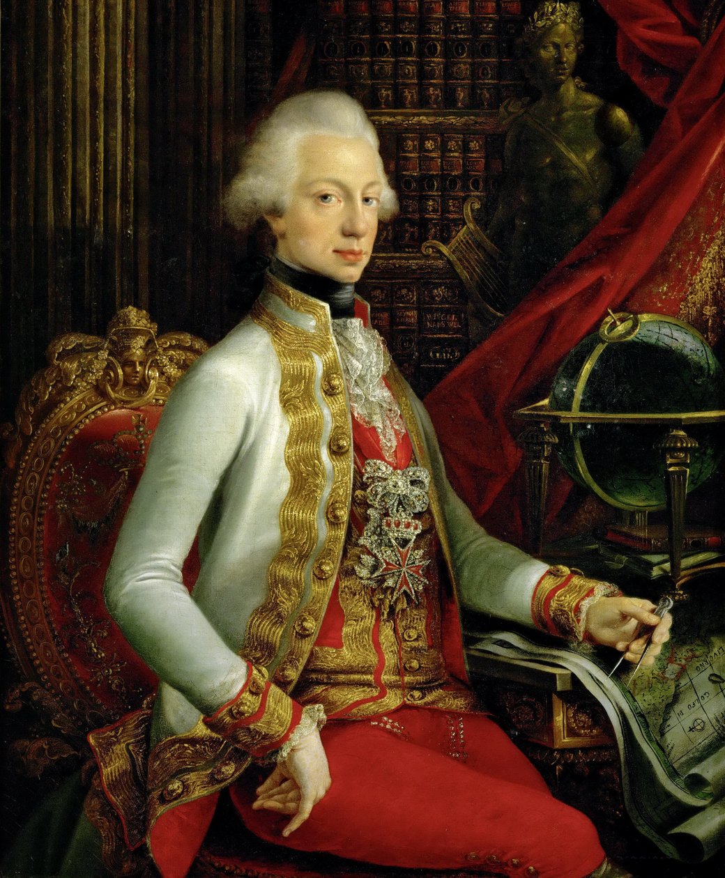 Německy: Großherzog Ferdinand III. (1769-1824), Sohn von Leopold II., in seiner Bibliothek sitzend, Kniestück Portrét Ferdinanda III., arcivévody rakouského a velkovévody toskánského (1769-1824) sedícího ve své knihovně od Joseph Dorffmeister