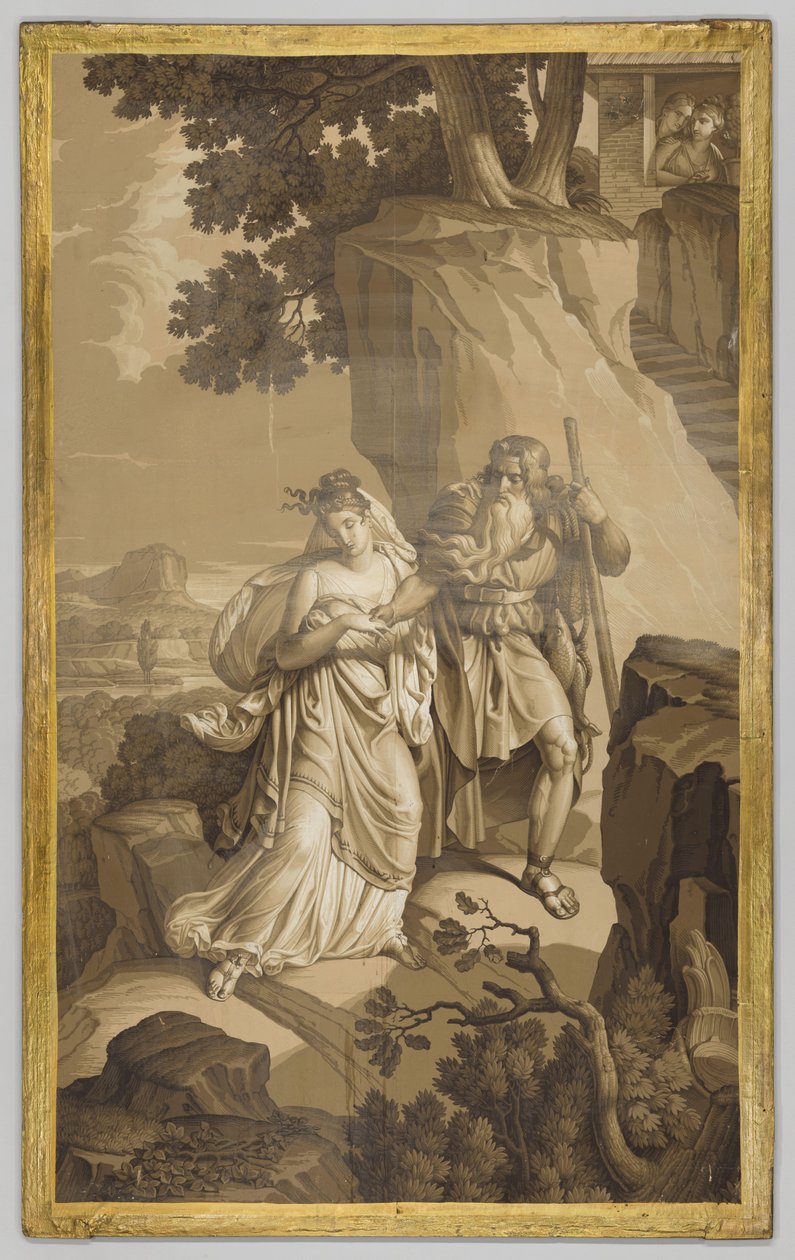 Tapeta, panel, zobrazující Les Amours de Psyche: Psyche na skalních schodech, v tónech grisaille od Joseph Dufour