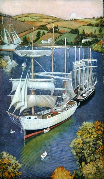 Brigs on Fowey Estuary, kolem roku 1929 (olej na panelu) od Joseph Edward Southall