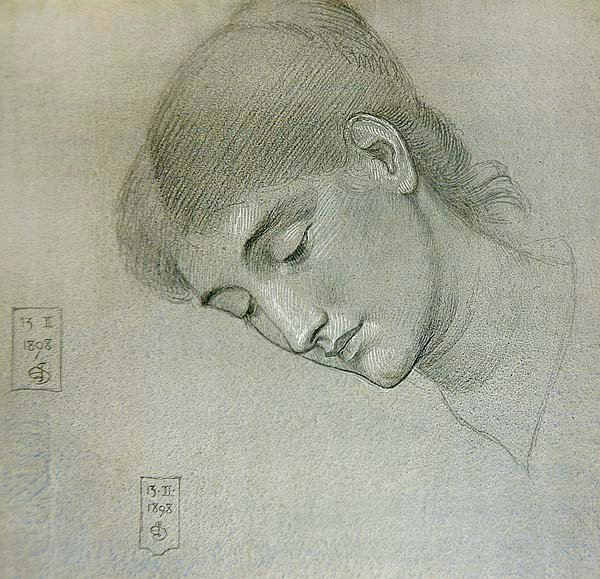 Studie hlavy dívky při pohledu dolů od Joseph Edward Southall