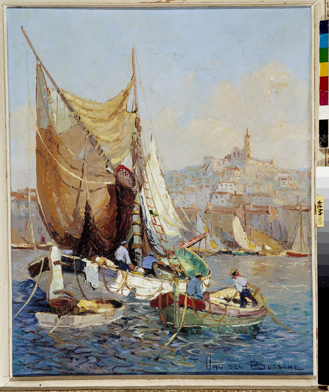 Rybáři ve starém přístavu Marseille Obraz Fernanda Van Den Bussche (1892-1975) 20. století Povinná zmínka: Založení sbírky se týká de Provence, Marseille od Joseph Emanuel Van Den Bussche