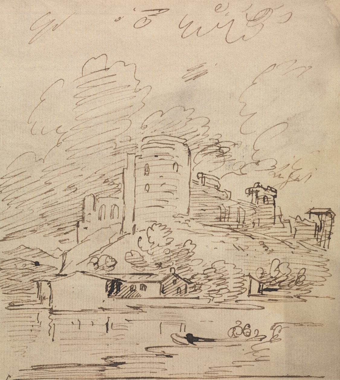 Hrad s kulatou věží nad řekou od Joseph Farington