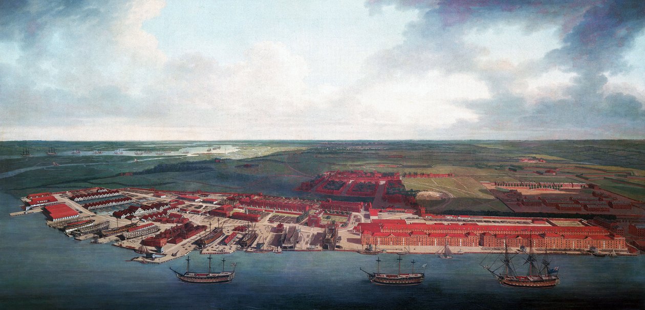 Loděnice Chatham (Anglie), díky své zeměpisné poloze byl Chatham v 17. století nejdůležitějším přístavem britského královského námořnictva, v 18. století se pak stal důležitým centrem oprav a údržby. od Joseph Farington