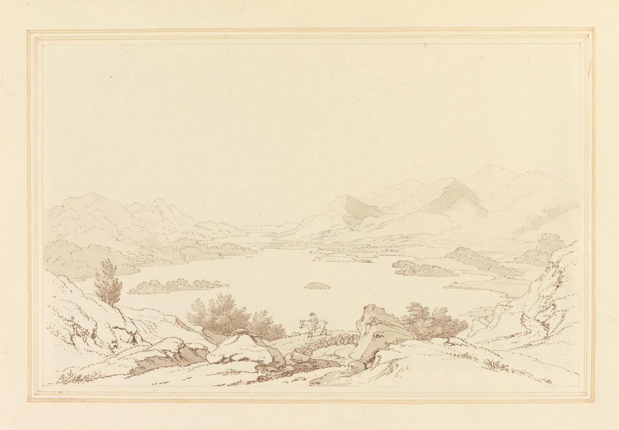 Celkový pohled na jezero Derwent Water (pero a inkoust s wc přes grafit na tkaném papíře) od Joseph Farington