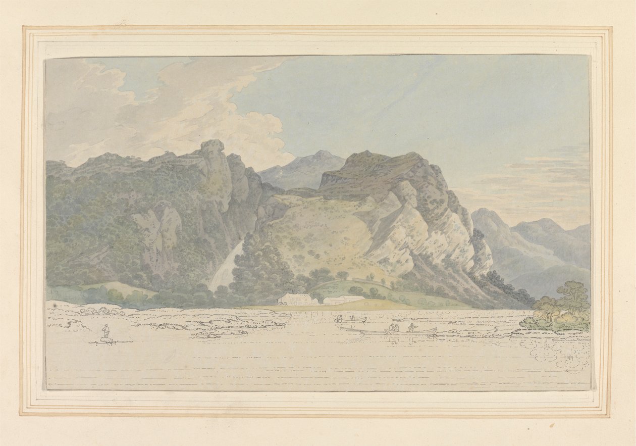 Lodore Rocks - pád a chata od Joseph Farington