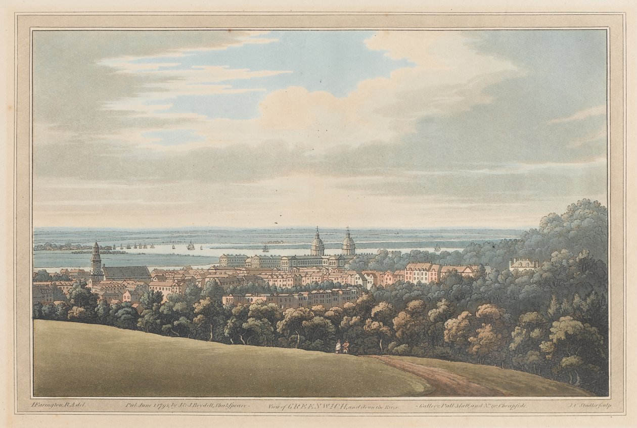 Pohled na Greenwich a Down the River, 1795 (akvatinta) od Joseph Farington
