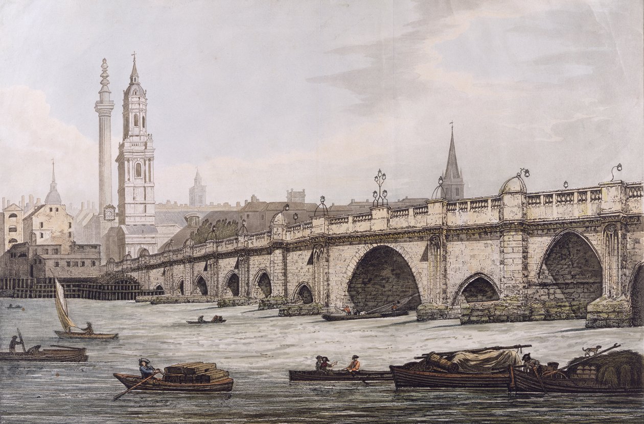 Pohled na London Bridge, včetně kostela sv. Mága a památníku, vyrytý J.C. Stadlerem od Joseph Farington