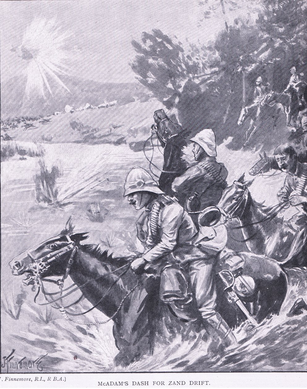 McAdams úprk pro Zand Drift, z After Pretoria: The Guerilla War vydané Harmsworth Bros Limited, 1901 od Joseph Finnemore