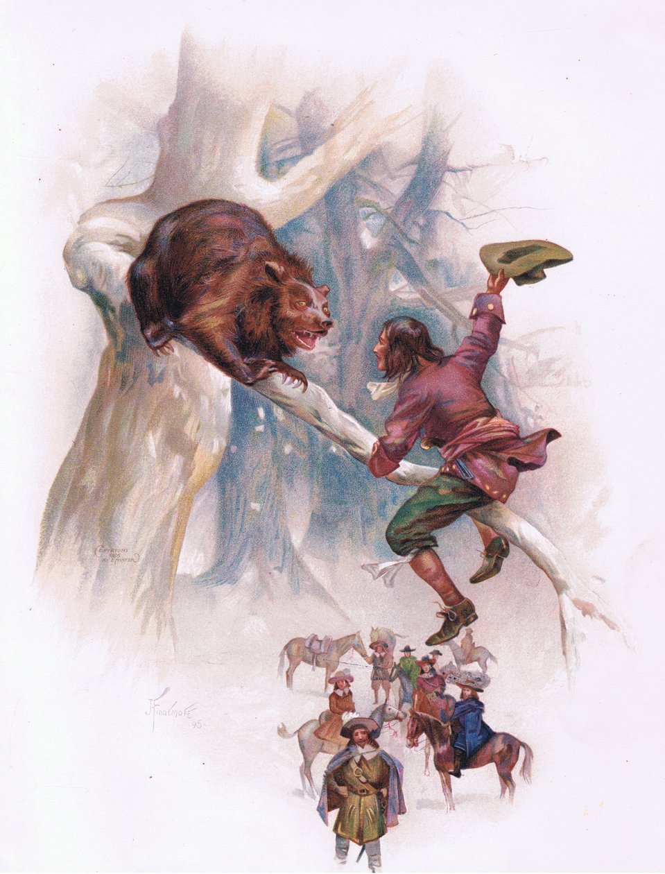 Začal tedy skákat a třást větví, u které se medvěd začal potácet (barva litho) od Joseph Finnemore