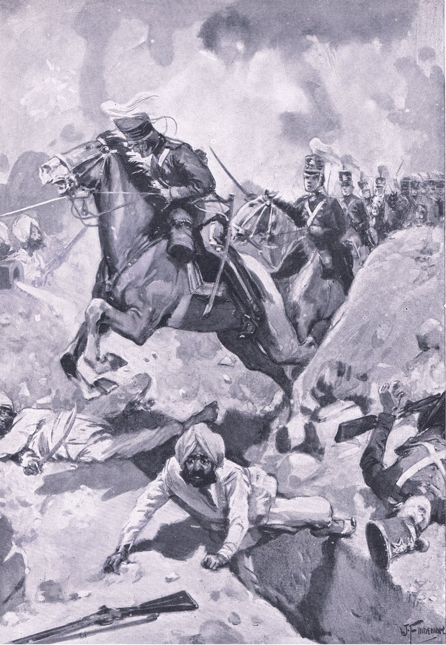Sobraon: Sir Joseph Thackwell vede 3. lehké dragouny v jednom šiku přes sikhské zemní opevnění, ilustrace z knihy Britské bitvy na souši a na moři , 1915 od Joseph Finnemore