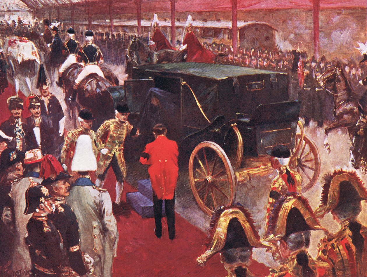 Příjezd Jejího Veličenstva královny Alexandry na nádraží Paddington u příležitosti pohřbu Jejího Veličenstva královny Viktorie 2. února 1901, ilustrace z Cassells History of England, 1900s od Joseph Finnemore