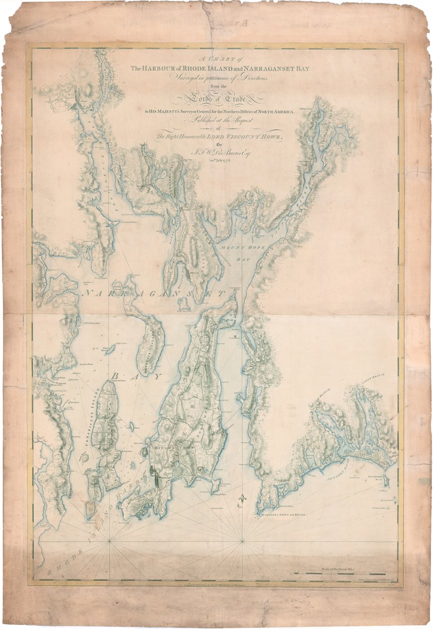 Mapa přístavu Rhode Island a Narragansett Bay od Joseph Frederick Wallet DesBarres