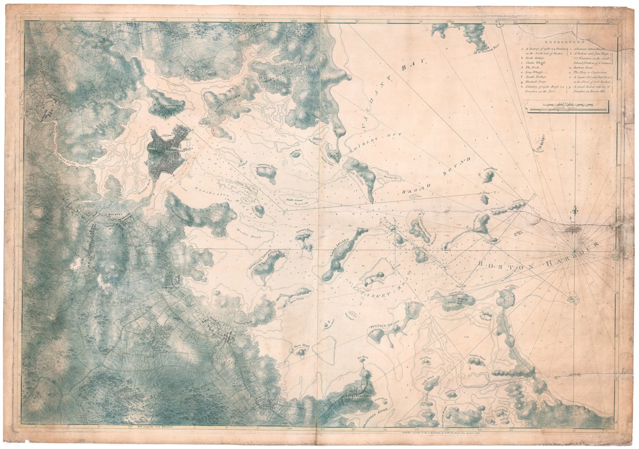 Mapa námořních poznámek o pozorováních pro mapu přístavu v Bostonu od Joseph Frederick Wallet DesBarres