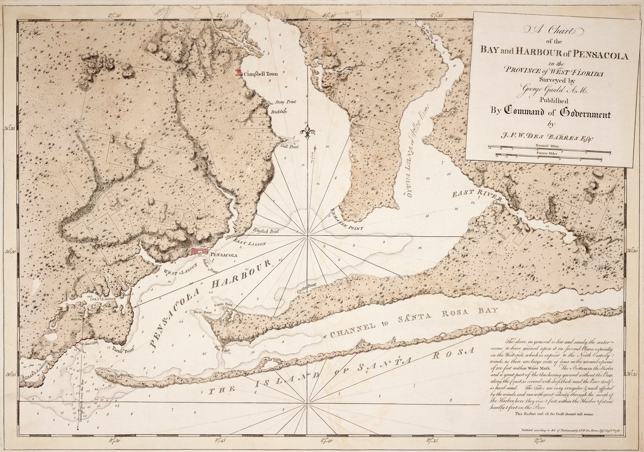 Mapa zálivu a přístavu Pensacola v provincii Západní Florida od Joseph Frederick Wallet DesBarres