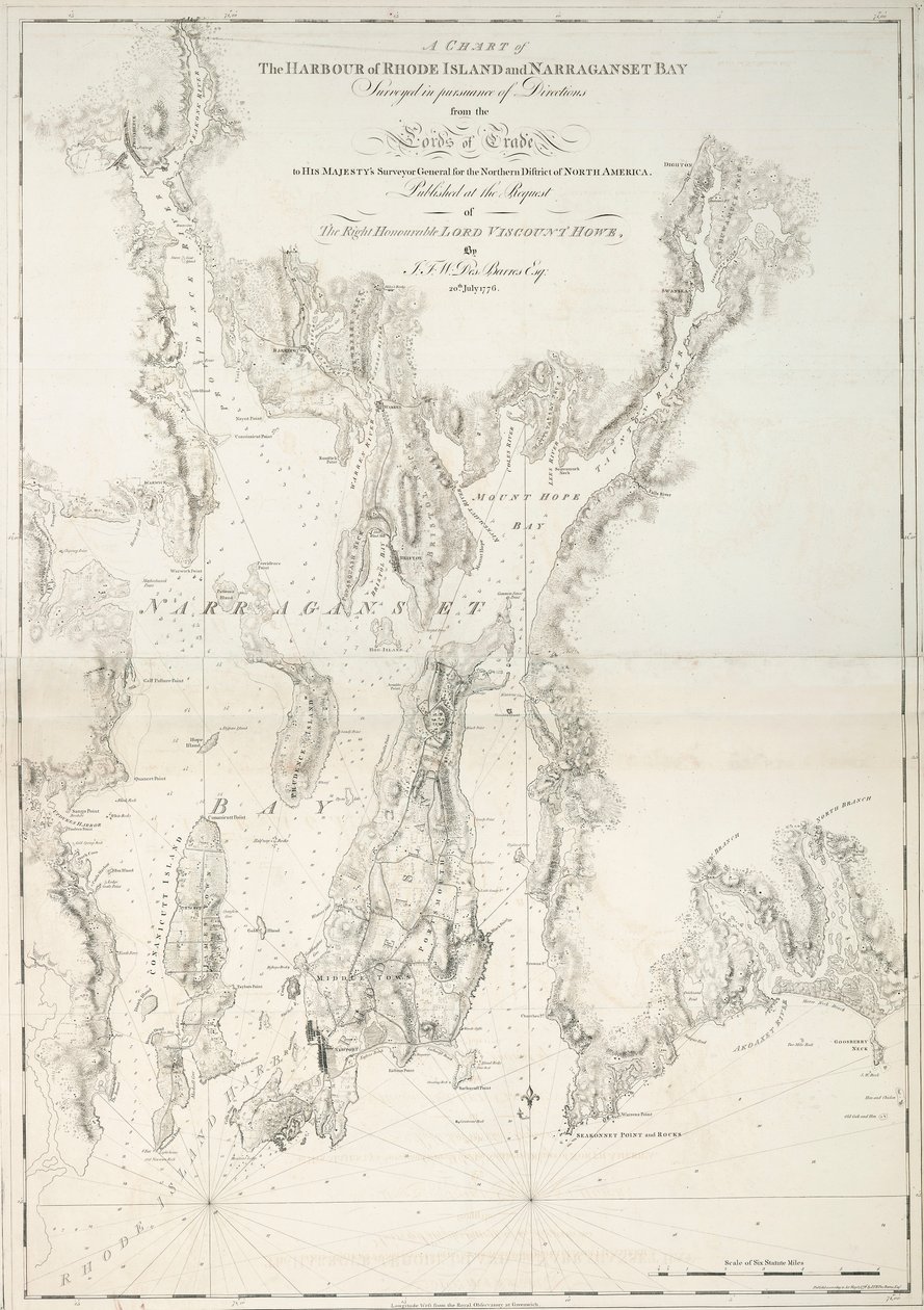 Mapa přístavu Rhode Island a Narraganset Bay od Joseph Frederick Wallet DesBarres