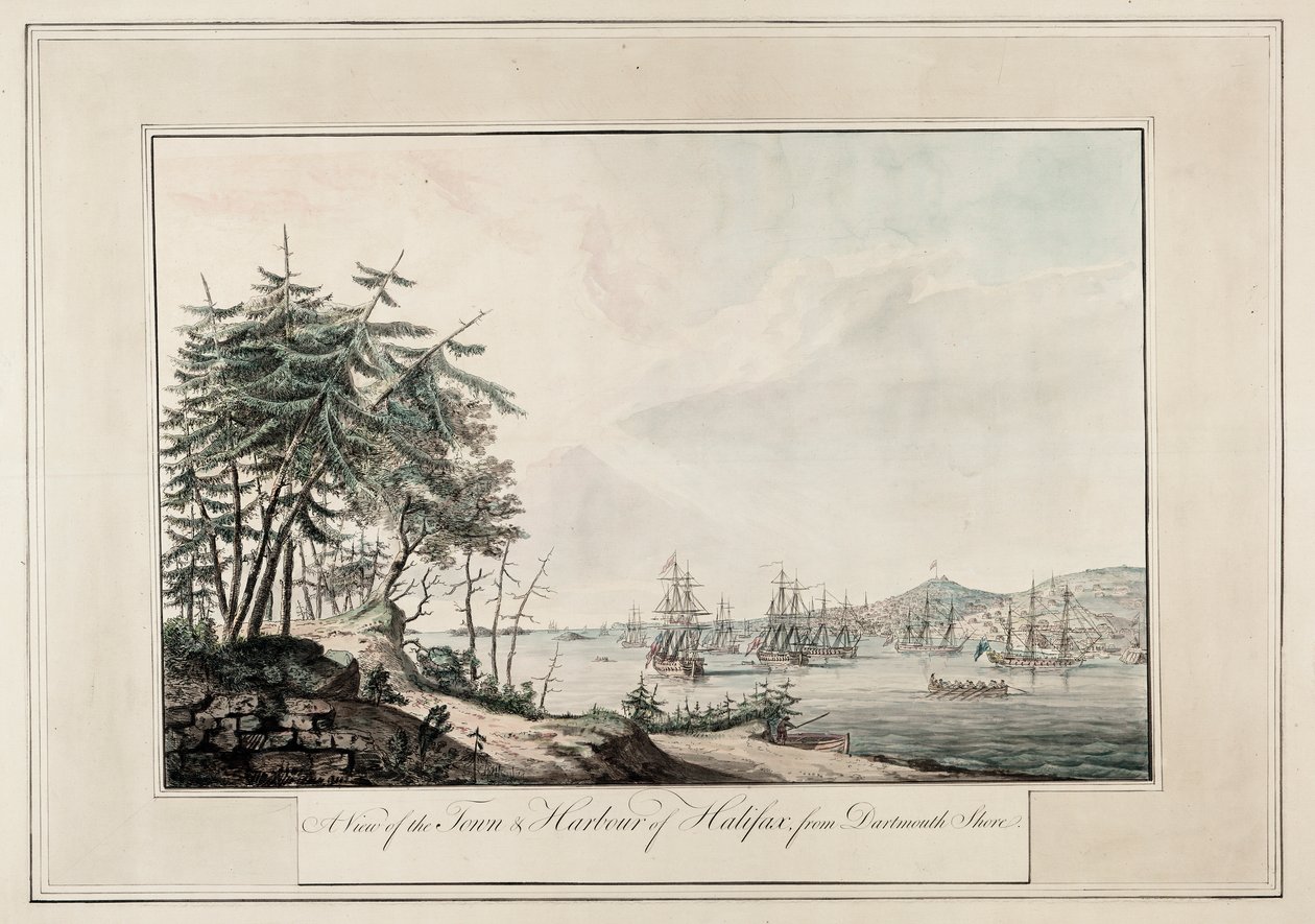 Pohled na město a přístav Halifax z pobřeží Dartmouthu, asi 1777 (tištěno) od Joseph Frederick Wallet DesBarres