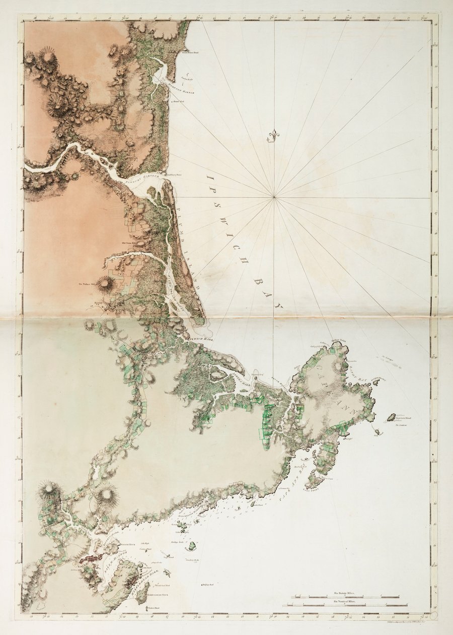 Mapa Ipswichského zálivu a mysu Ann, atlantické pobřeží Severní Ameriky od Joseph Frederick Wallet DesBarres