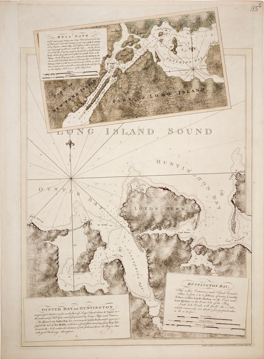 Mapa zálivů Oyster Bay a Huntington Bay, Long Island Sound od Joseph Frederick Wallet DesBarres