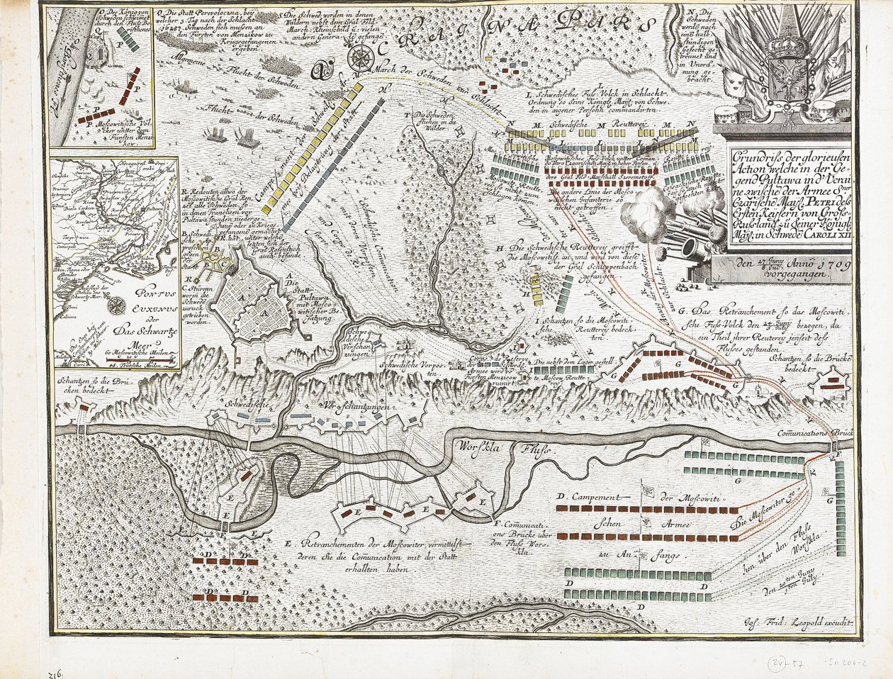 Mapa bitvy u Poltavy dne 27. června 1709 od Joseph Friedrich Leopold