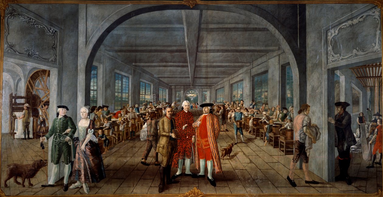Bratři Wetterovi Indian Fabric Factory Vlevo pan a paní Jean Rodolphe (Jean-Rodolphe) Wetterovi bohatě vetus. Uprostřed předkládá dělník tiskovou desku vedoucímu továrny Pierre Pignetovi, za nimi dělníci v práci. Vpravo kousek od Joseph Gabriel Rossetti