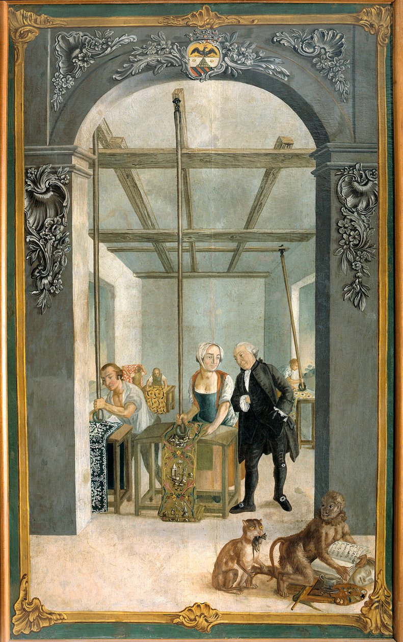 Indická továrna bratří Wetterů: Dělníci procházející mříží potištěných pláten Obraz Josepha Gabriela Rossettiho (18. století). 1764 Orange, Musee Municipal od Joseph Gabriel Rossetti