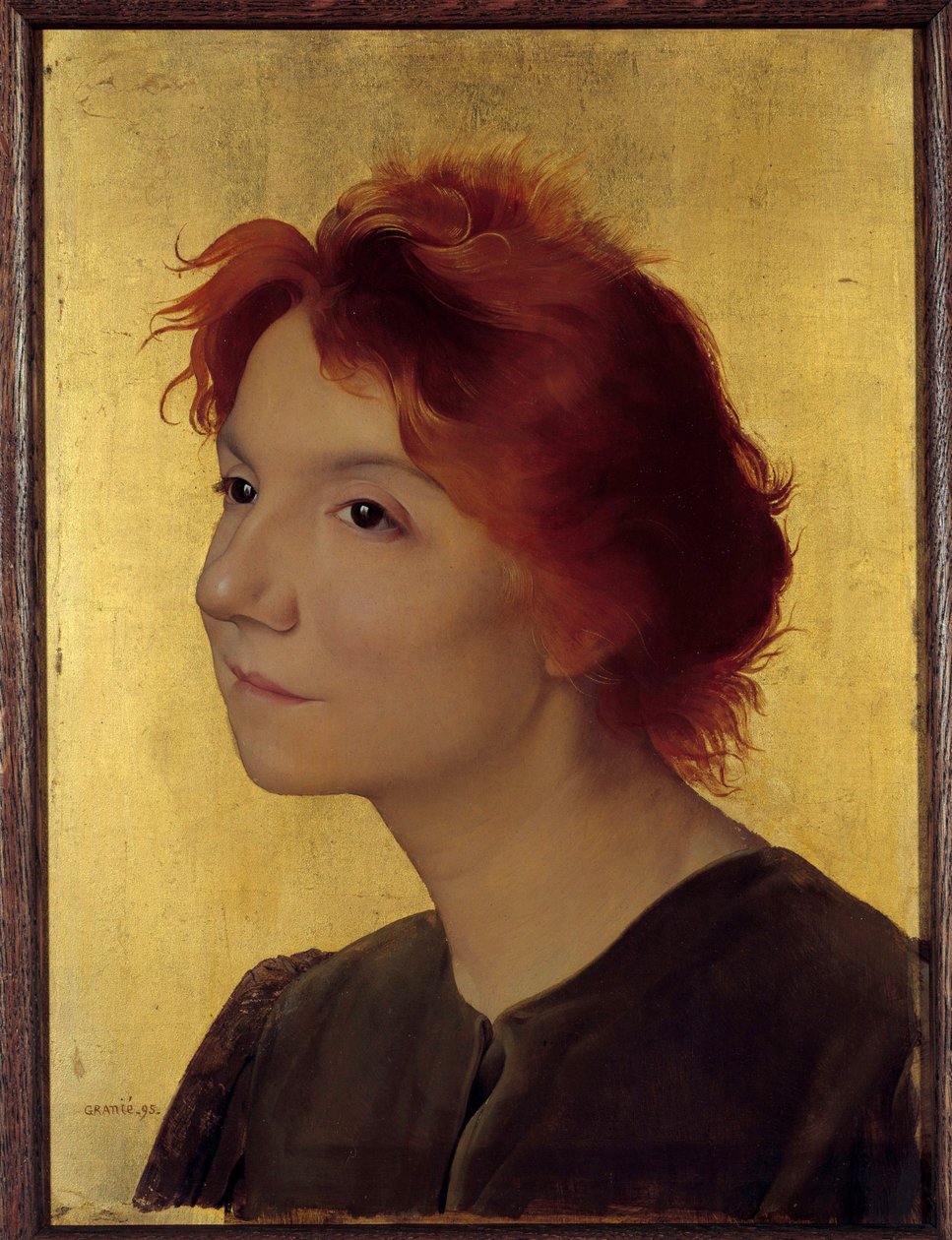 Portrét zpěvačky Yvette Guilbertové (1867-1944). Portrét ženy s červenými vlasy na zlatém pozadí. Obraz Joseph Granie (1861-1915) 1895 Ne. 0,41x0,31 m Paříž, musee d