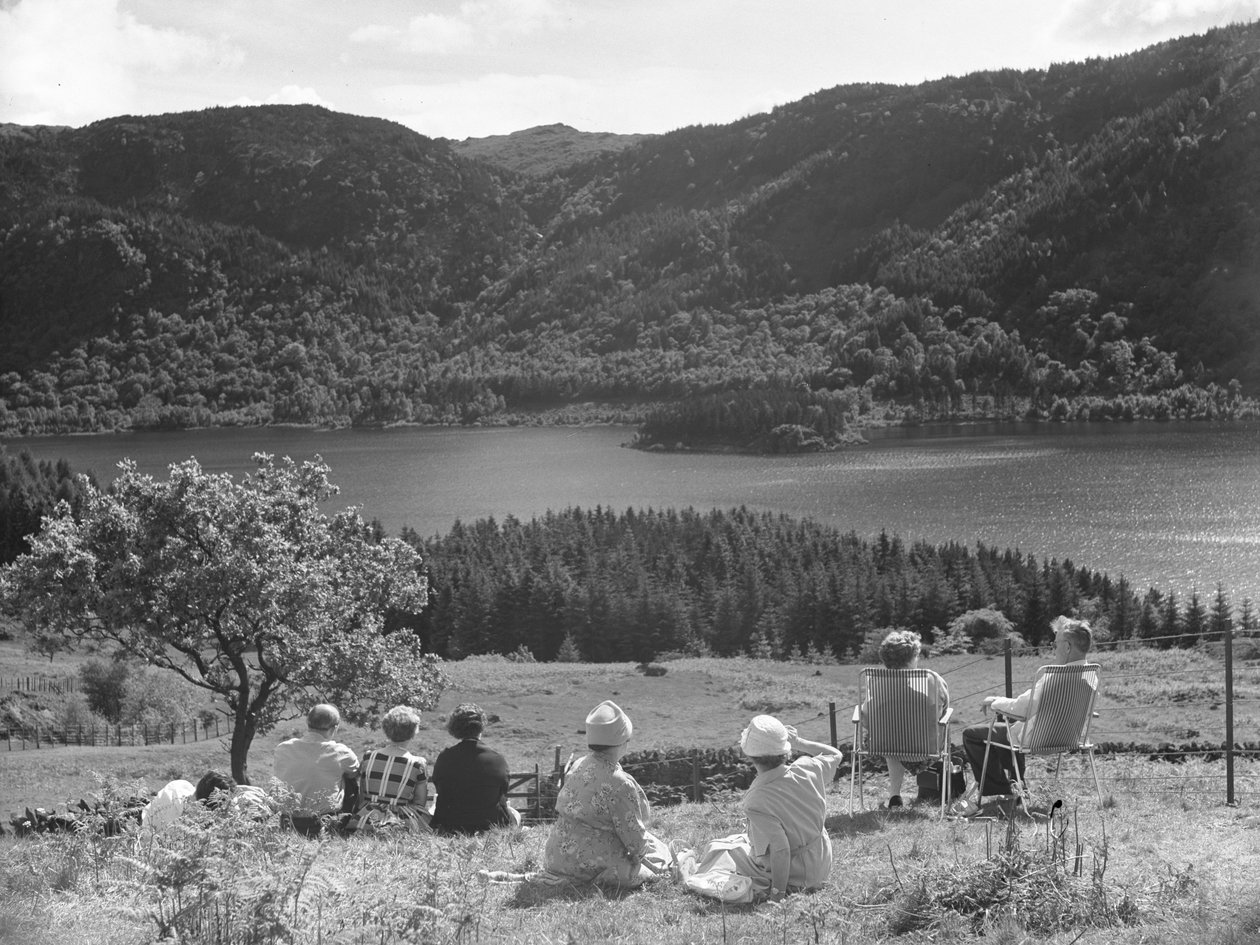 Skupina lidí sedících na trávě nebo lehátkách a hledících na výhled na Thirlmere od Joseph Hardman